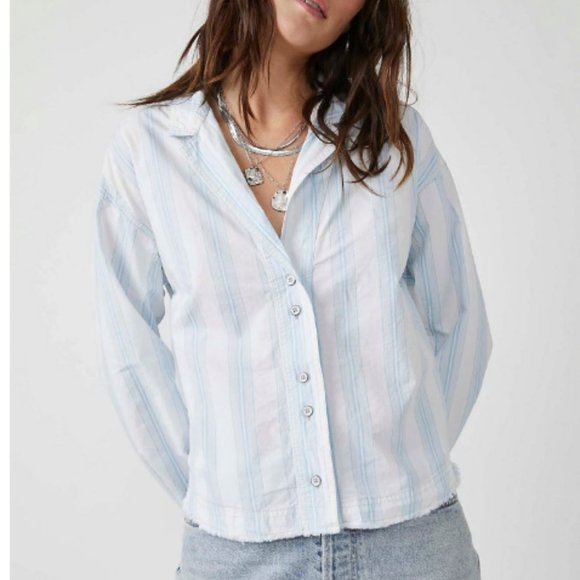 Free People Tops - Free People Kelia Blue & White Stripe Oxford Button Up Trapeze Shirt Collared